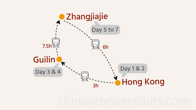 Map of Itinerary #2: Hong Kong, Guilin and Zhangjiajie