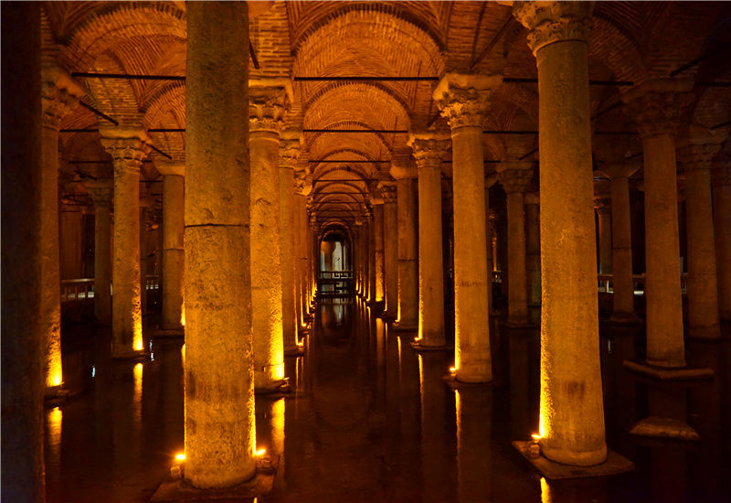 The fine-carved columns in the Basilica Cistern, Istanbul