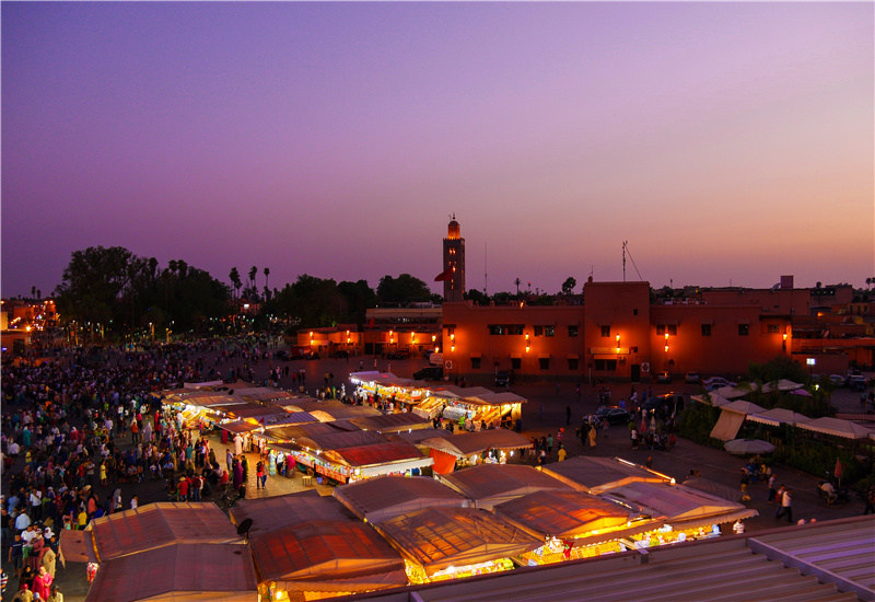 The Djemaa El-Fna square in Morocco at night