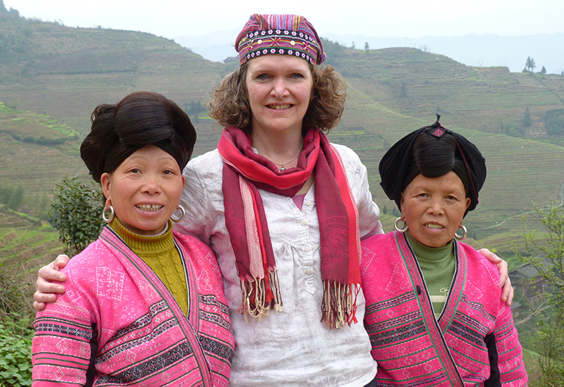 Mary Monro and two minority women in Longjie Rice Terraces in Guilin