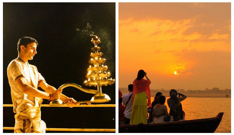 Ganga Aarti Ceremony and sunrise over the Ganges