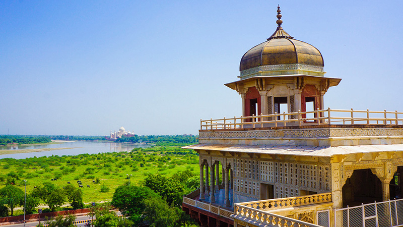 Looking at the Taj Mahal from the Red Fort