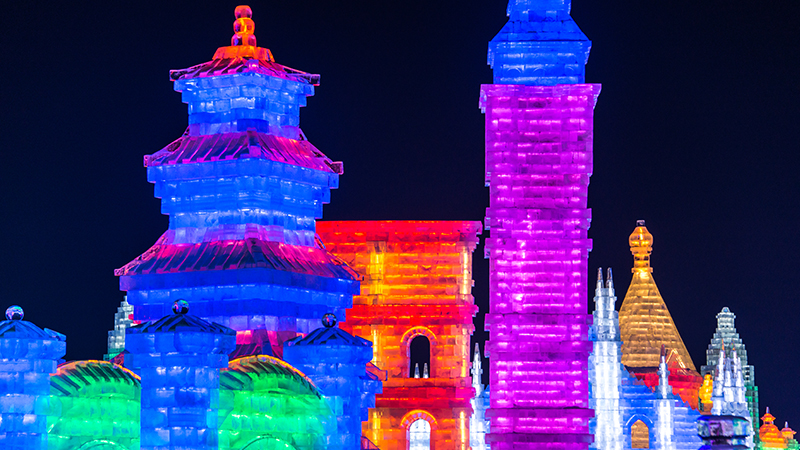 Buildings made of ice brick in Harbin Ice and Snow World
