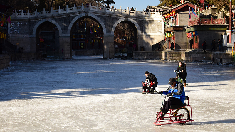 Biking on ice in the Summer Palace in winter
