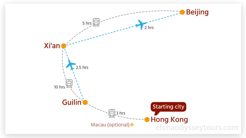 Map of China Senior Tour from Hong Kong