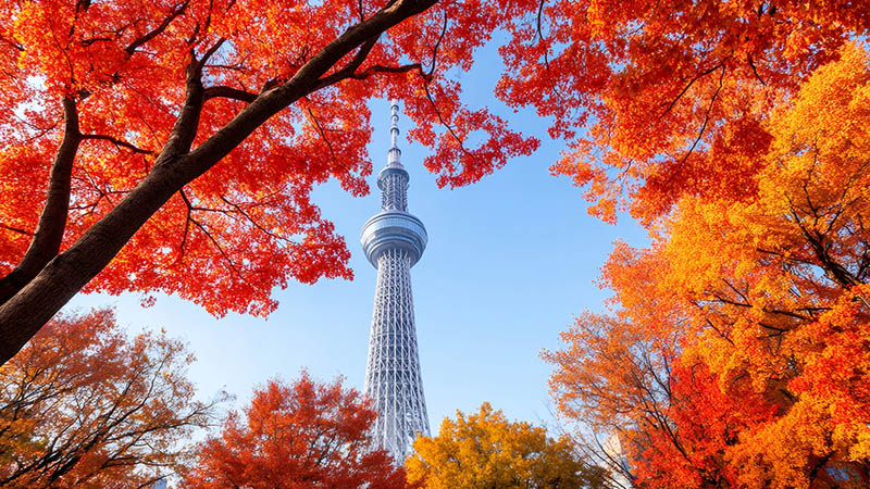 Tokyo Skytree Surrounded by Autumn Foliage