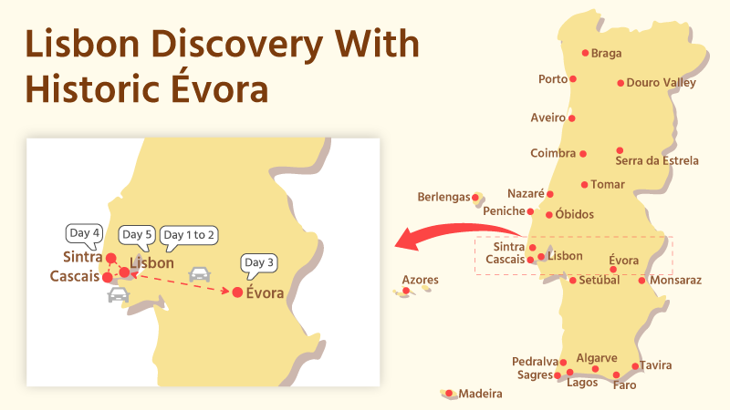 Route Map of 6-Day Lisbon Discovery with Évora