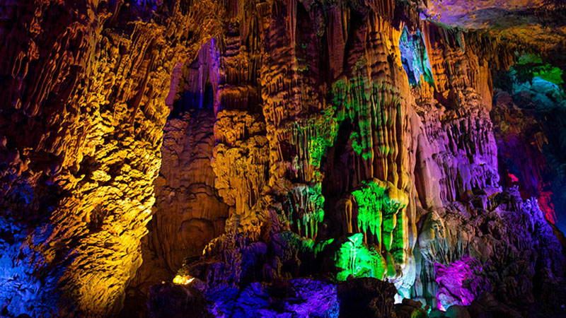 Dewy stalagmites in Reed Flute Cave