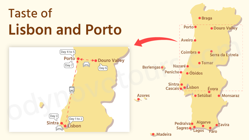 Lisbon and Porto One-Week Tour Map