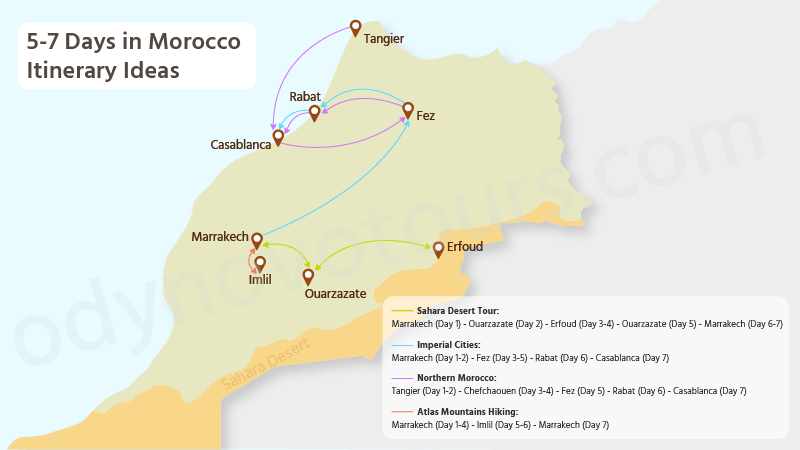Map of Itinerary Ideas for 5-7 Days in Morocco