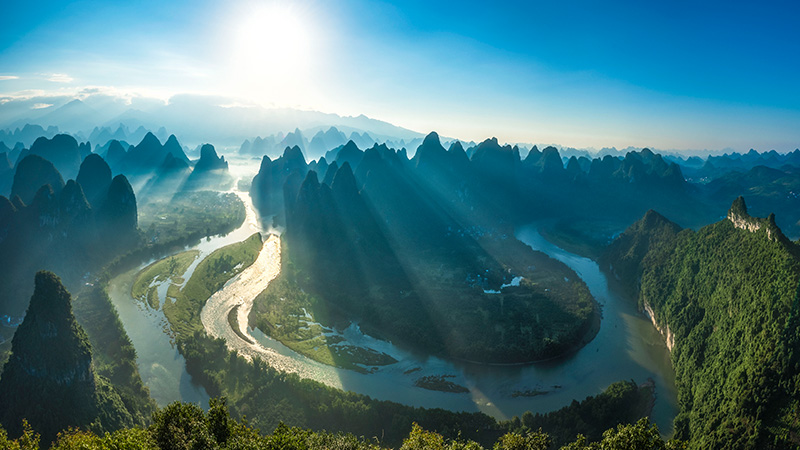 Aerial view of Li River in Guilin