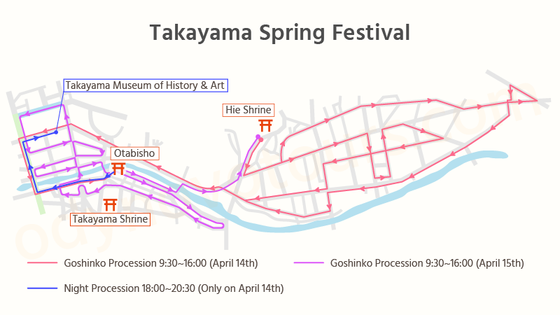 Map of Takayama Spring Festival Procession