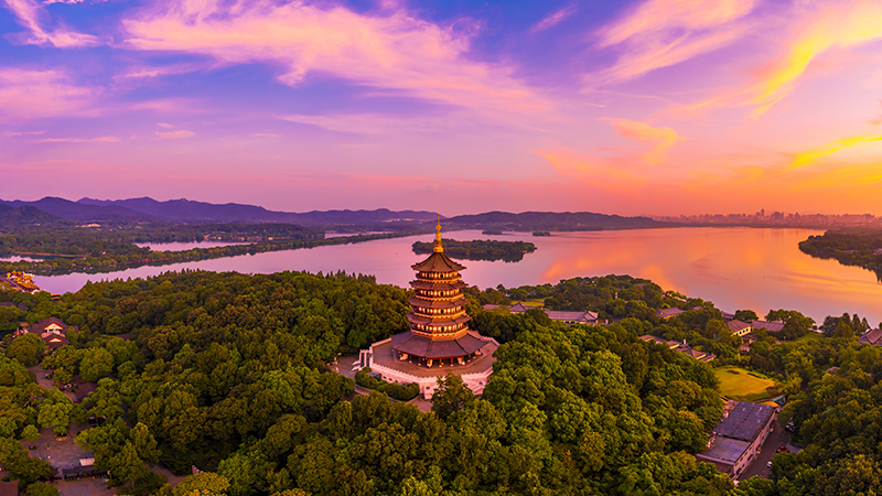 Aerial view of West Lake and Leifeng Pagoda