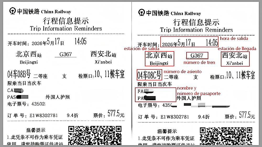Billete de tren Chino