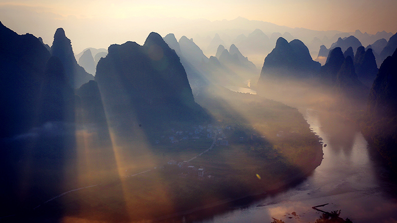 Scenery of Xianggong Mountain in Guilin at sunrise