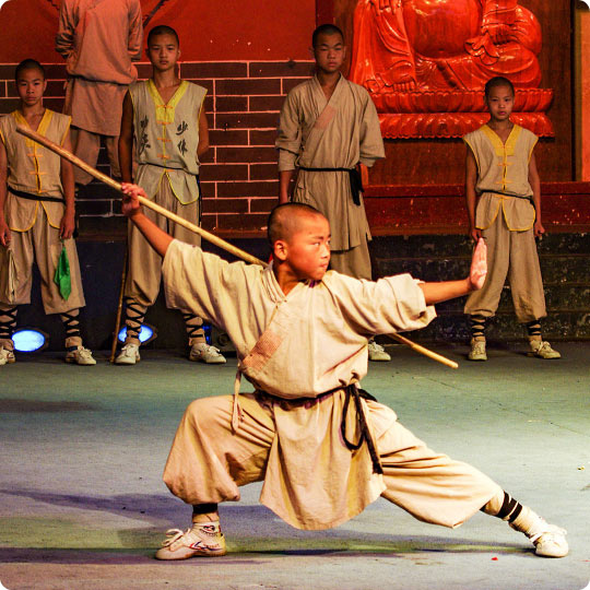 Warrior monks from Shaolin Temple demonstrate kung fu