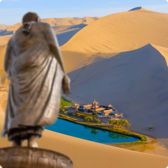 Crescent-shaped springs and Chinese wooden towers in the desert.