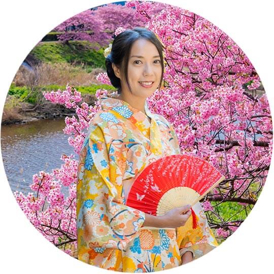 Japanese cherry blossoms and a women in kimono
