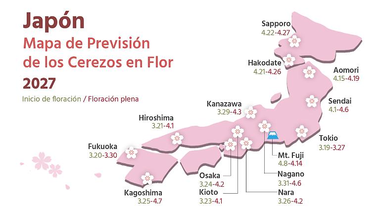 Mapa de previsión de los cerezos en flor de Japón 2027